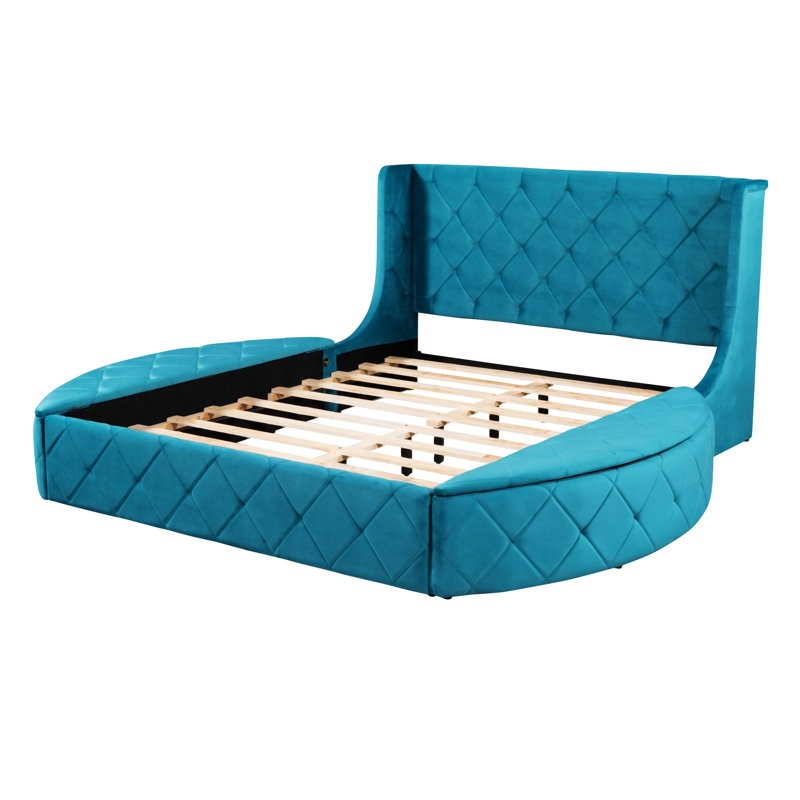 Lit plateforme capitonné avec rangement, Bleu