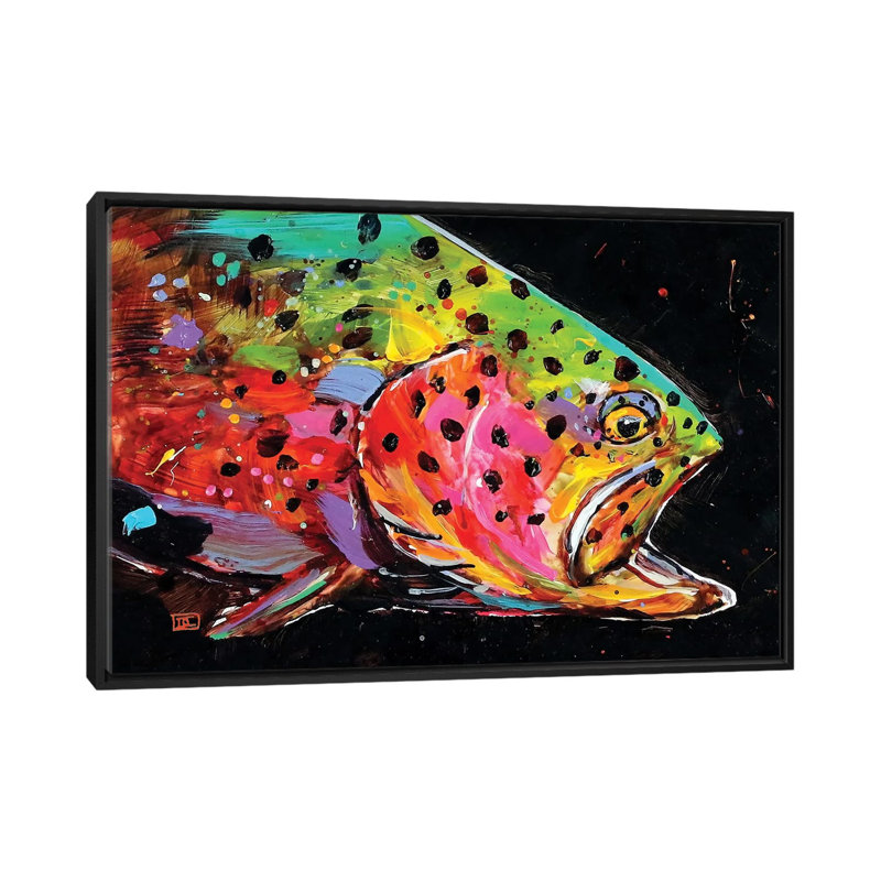 " Crazy Trout " by Dean Crouser, 18" H x 26" W x 1.5" D, No Mat, Black Floater Framed Canvas