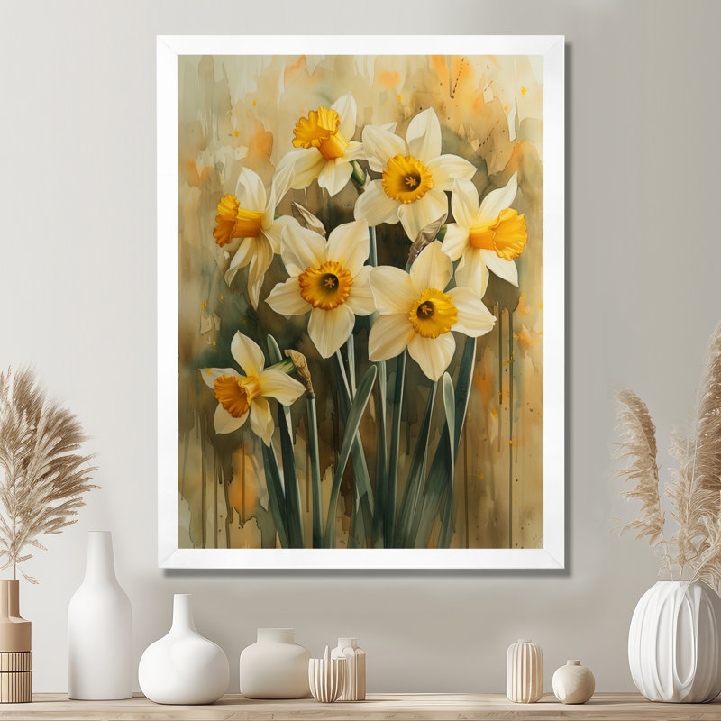 Jaune et blanc délicats pétales jonquilles - jonquilles murales, Cadre flottant blanc, H 16 po x l 32 po