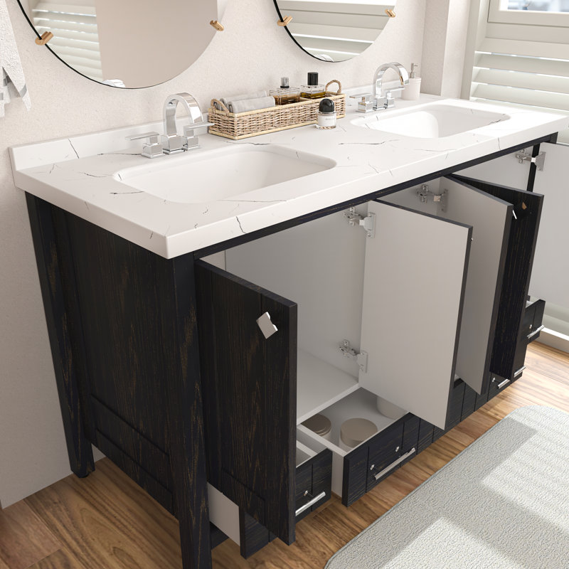 Analis 59'' Double Bathroom Vanity with Engineered Marble Top, Dark Blue