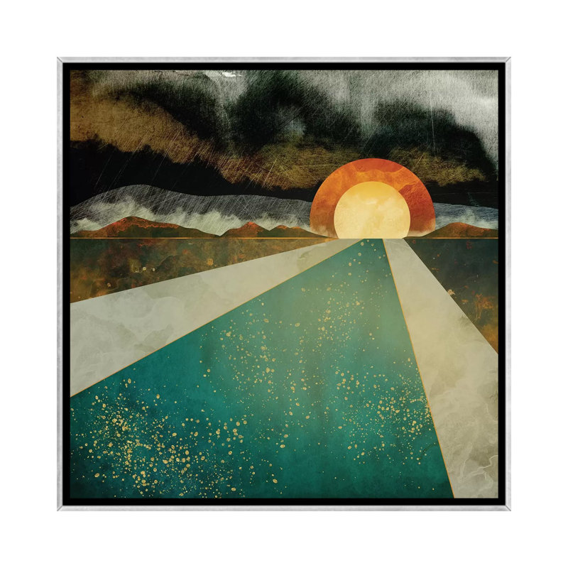 Rétro coucher de soleil - impression d'art graphique, H 18 po x l 18 po x 1,5 po, Pas de tapis, Toile avec cadre argenté