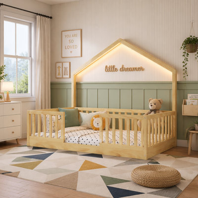 Floor Bed with High Safety Rails, Wooden Montessori Design for Kids, Boys and Girls