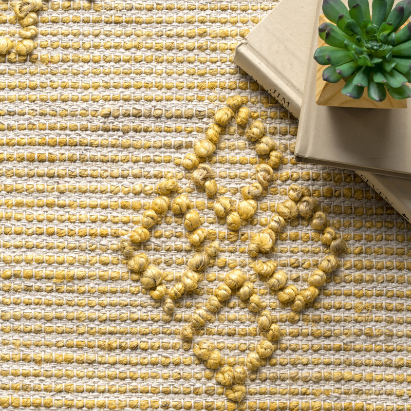 Tapis jaune en coton géométrique crocheté à la main, Rectangle 6 pi x 9 pi