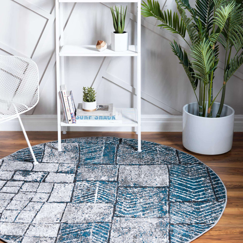 Tapis bleu/gris, Rond 5 pi 3 po