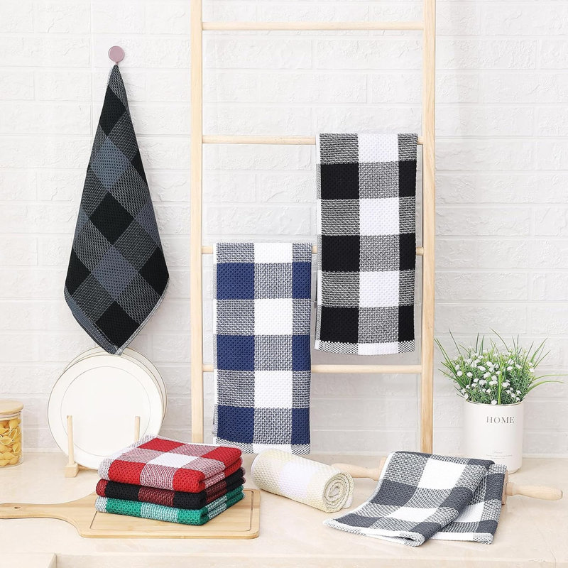 100% Cotton Waffle Weave Check Plaid Kitchen Towels, 13 X 28 Inches, Super Soft And Absorbent Dish Towels For Drying Dishes, 4-Pack, Black