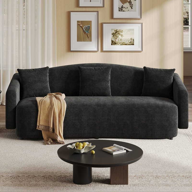 83" Waterproof Chenille Curved Sofa, Modern 3-Seater Couch with 3 Throw Pillows, Contemporary Living Room Sofa, Black