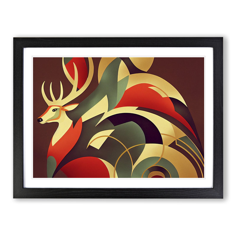 Stag Deer Deco Abstract - Single Picture Frame Print, Black, 25cm H x 34cm W x 2cm D