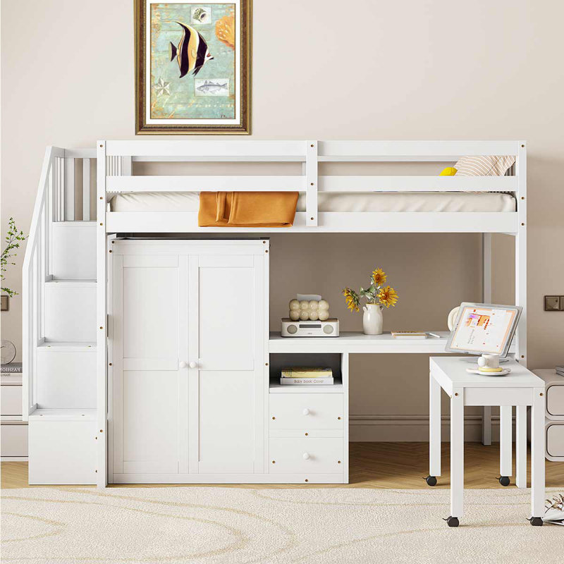 Twin Size Loft Bed With Desk & Wardrobe Loft Bed With Multifunctional Furniture For Bedroom, White