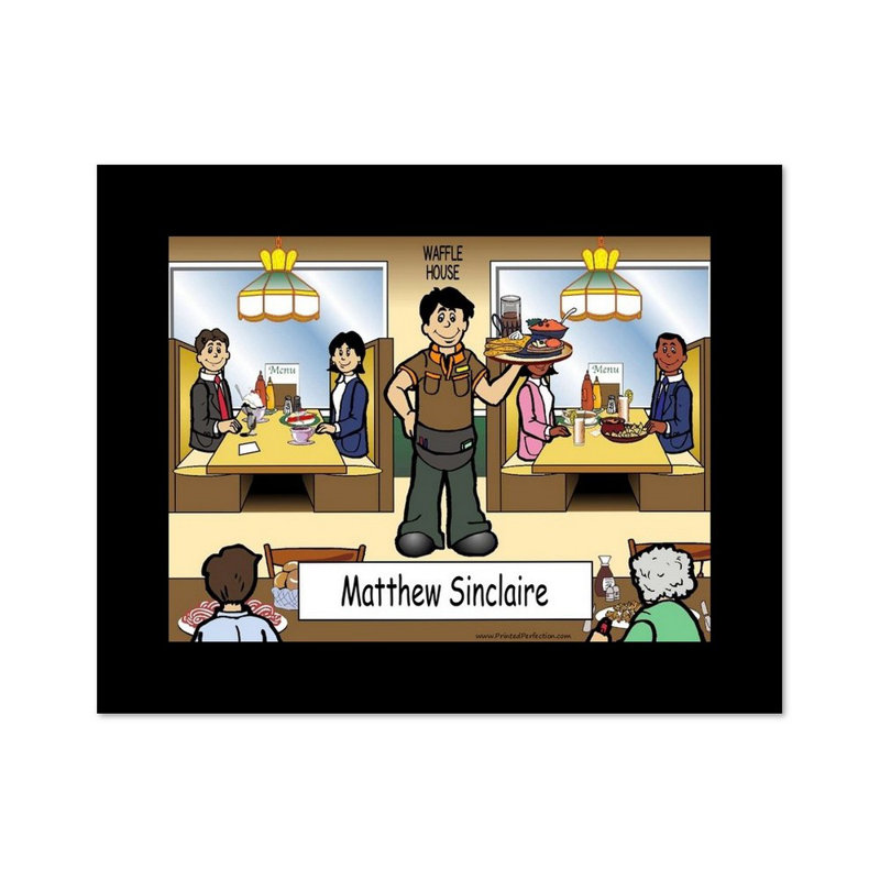 Personalized Waiter, Casual Dining Cartoon Caricature with a Mat, Ready to Frame, Yes