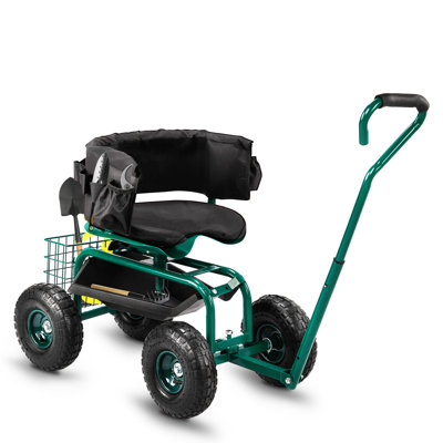 Rolling Garden Cart With Cushioned Backrest & Seat, Outdoor Gardening Stool For Planting, Garden Scooter With 360 Degree Swivel Seat & Steering Handle & Tool Tray, Green