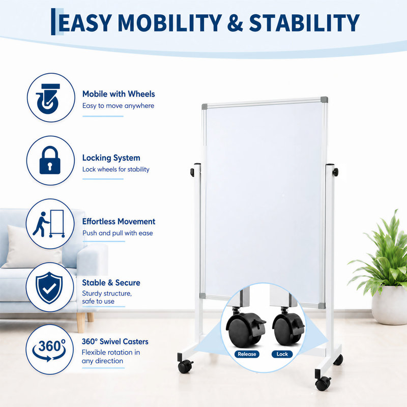 Tableau blanc magnétique double face effaçable à sec avec support roulant réglable en hauteur, mécanisme de rotation fluide et cadre en aluminium – Tableau blanc mobile 40 po x 28 po pour bureau, salle de formation, réunions (blanc)