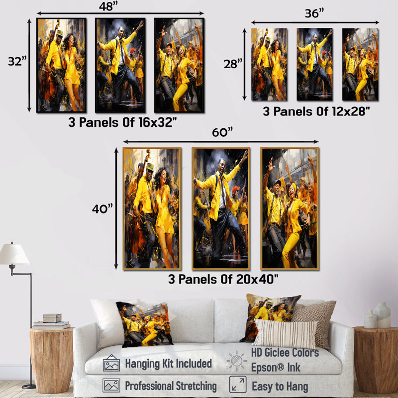 Ensemble de salon de danse art mural jaune Jazz Dance Fusion, Cadre flottant blanc, H 32 po x l 48 po