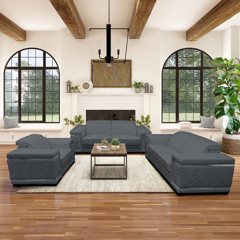 Yurith 3 - Piece Living Room Set, Gray Genuine Leather