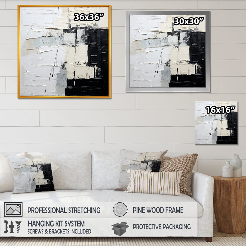 Art moderne scandinave noir et beige - décoration murale abstraite, Cadre flottant doré, H 36 po x l 36 po x P 1,5 po