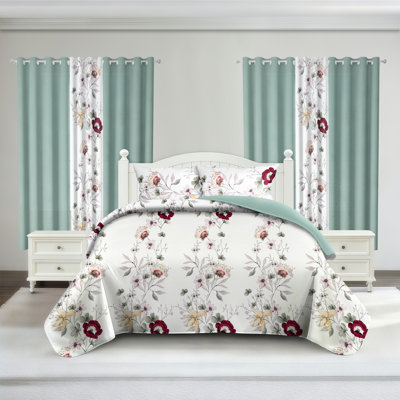 9-Piece Sage & Floral Quilted Bedding & Curtain Set (Queen/King/Cal King) - Microfiber Bedspread + Sheer Drapes