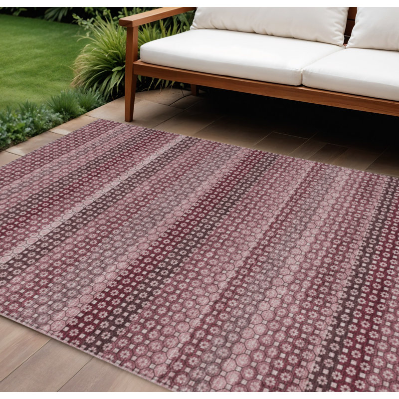 10' X 14' Red And Burgundy Striped Washable Indoor Outdoor Area Rug