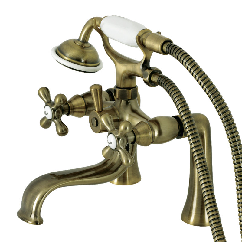 Kingston Brass Kingston Three-Handle 2-Hole Deck Mount Clawfoot Tub Faucet with Handshower, Antique Brass