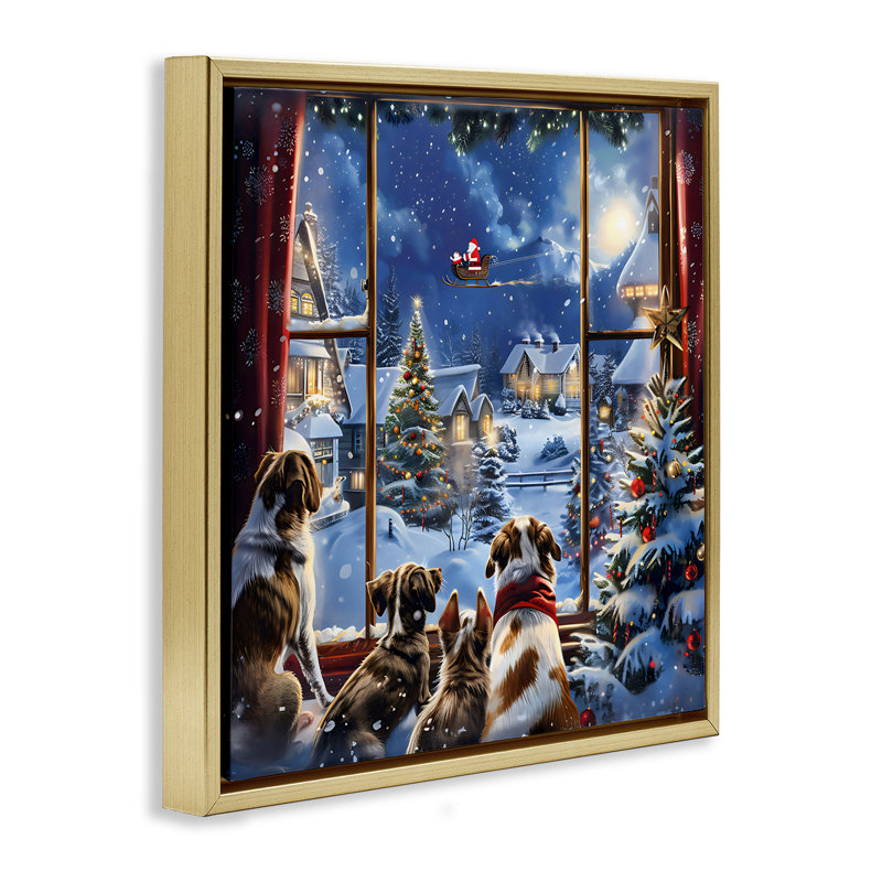 Chiens regardant le Père Noël sur un cadre flottant de Noël, design Creative Studio, H 18 po x l 18 po