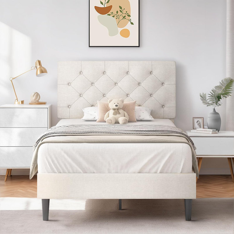Bed Frames with Button Tufted Headboard, Linen Upholstered Platform Bed with Wooden Slats Support, Easy Assembly, No Box Spring Required
