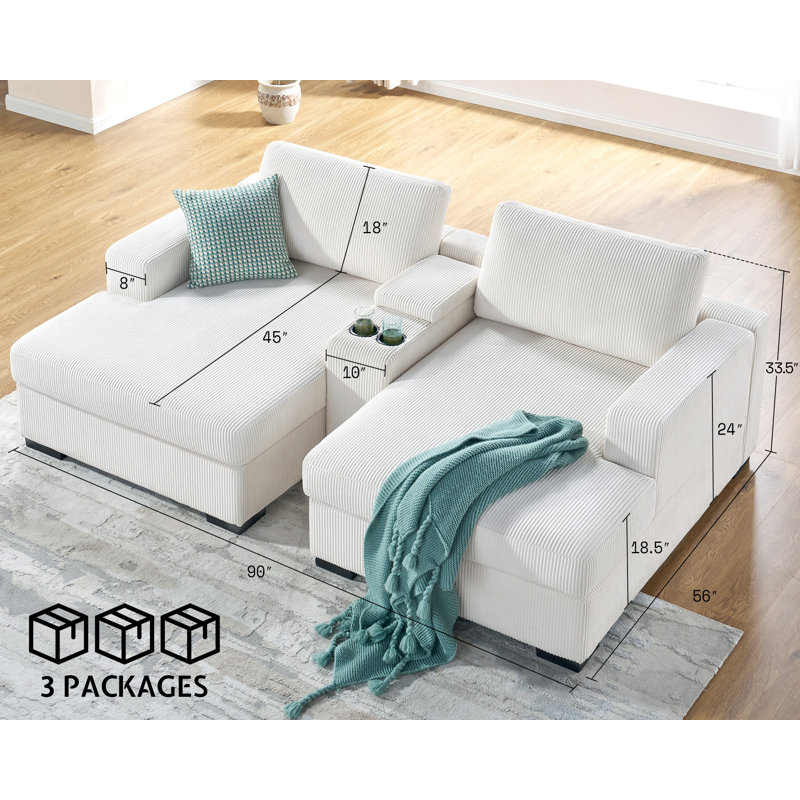 Grey 90-Inch Double Chaise Lounge Sectional Sofa, Oversized Couch with Storage Console & Charging Socket – Comfy Living Room Sofa