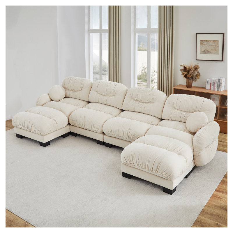 Canapé modulaire en U en chenille beige avec dossier plissé et coussins ronds - Canapé 4 places en forme de nuage pour le salon