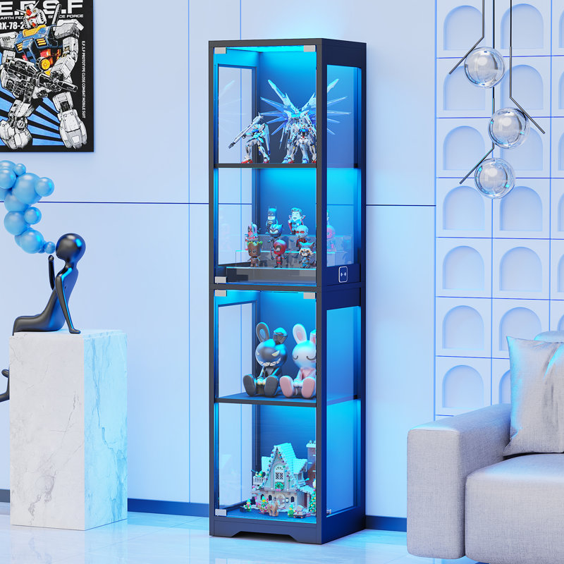 Glass Display Cabinet, 4-Tier Curio Cabinet with 3 Color Lights for Collectibles, Bookshelf with Door, Glass Display Case with Human Body Sensor, Black