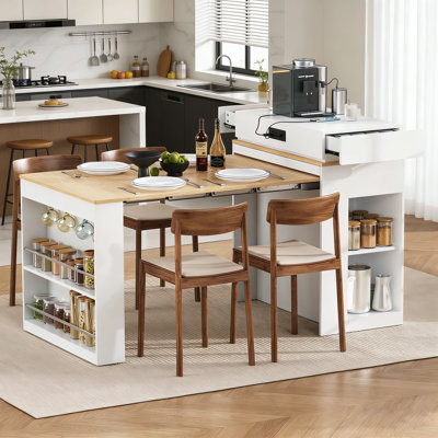 Table de salle à manger extensible avec plateau de table pliable, îlot de cuisine avec prise de courant et rangement