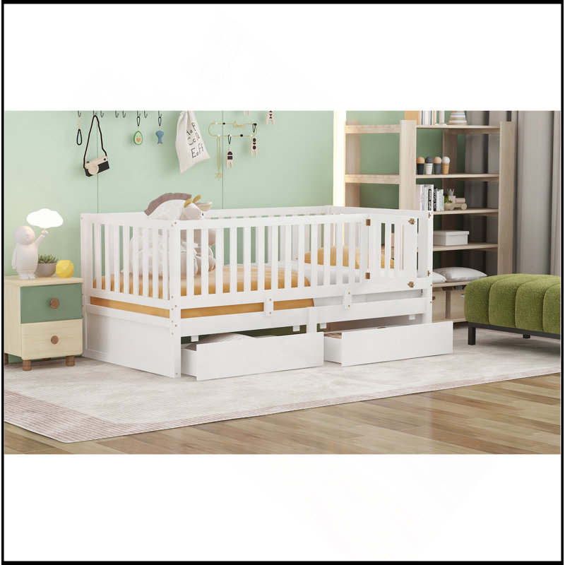 Twin Size Wood Daybed With Fence Guardrails And 2 Drawers, Split Into Independent Floor Bed & Daybed, Twin, White