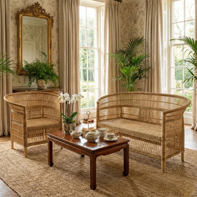 100% Handwoven Natural Rattan 2-Piece Indoor Seating Set with Chair and Loveseat, Solid Wood Frame, Boho Farmhouse, Authentic African Craftsmanship