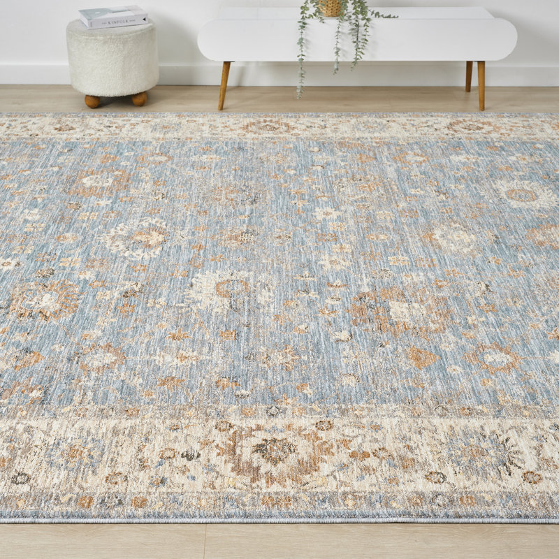 Tapis d'intérieur Vladilen bleu/ivoire à bordure transitionnelle performante, 2 pi 7 po x 7 pi 10 po