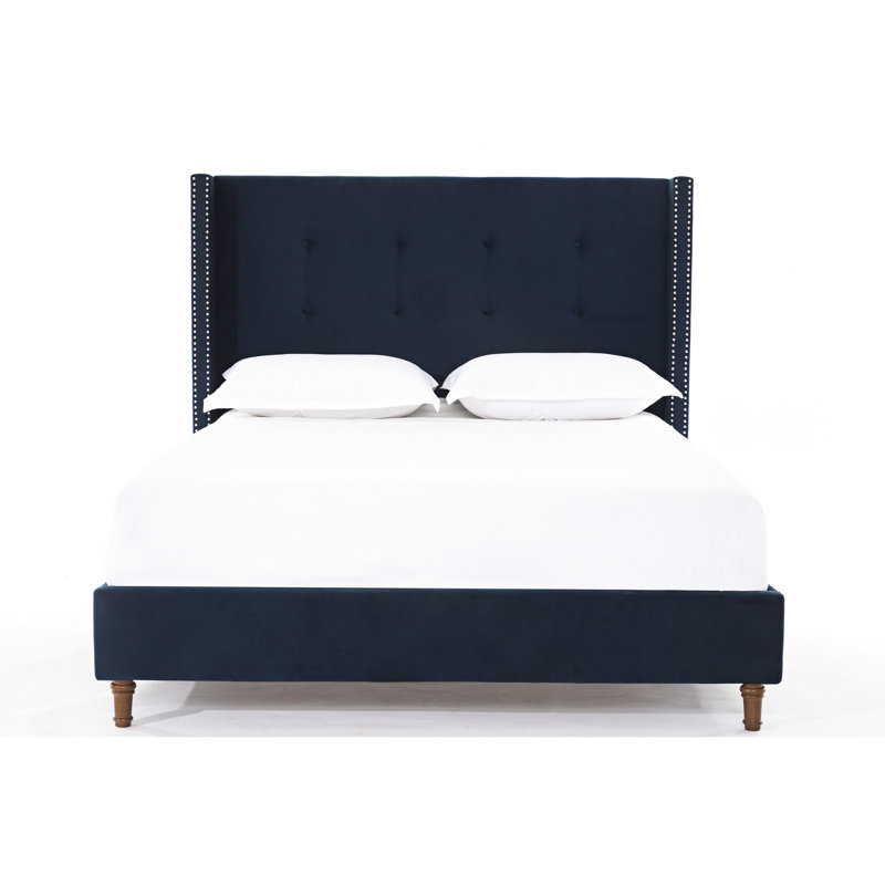 Upholstered Queen Bed Frame, 54" Headboard, Handmade Tufting, Nailhead Trim Wingback, Blue Velvet, No Box Spring, Quick Build Charming Spring Not Needed, Easy Assembly Video