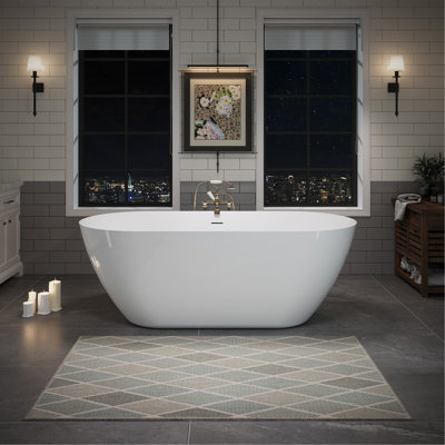 63" Acrylic Freestanding Bathtub, Oval Deep Soaking Bathtub With Center Pop-Up Drain & Integrated Overflow, Contemporary Stand Alone Bath Tub For Bathroom Spa Or Home Upgrade, Glossy White