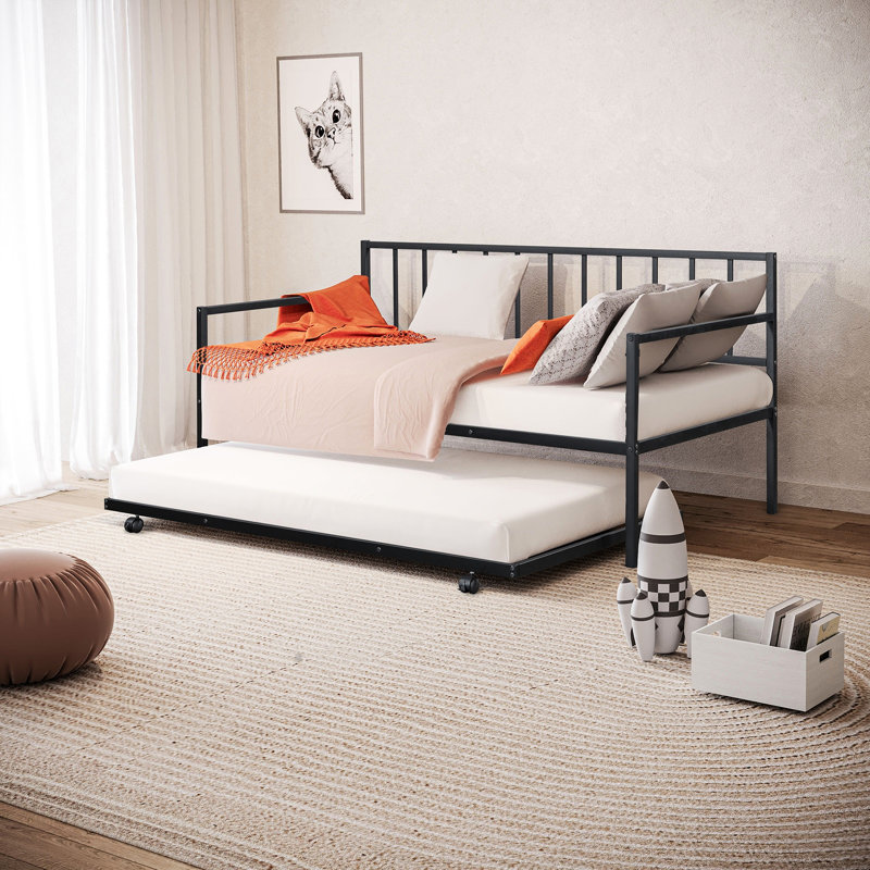Lit de jour simple en métal avec couchette, structure noire contemporaine, Noir