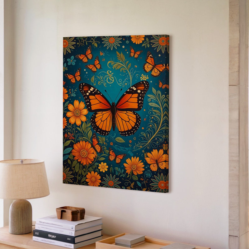 Une composition vibrante mettant en vedette des papillons monarques sur fond floral stylisé, l'art mural de qualité supérieure prêt à être accroché