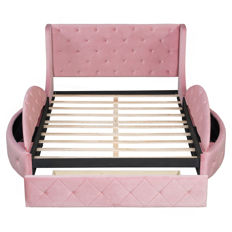 Lit plateforme tapissier en velours avec tête de lit à oreilles, 1 grand tiroir et 2 tabourets de rangement latéraux, Pink