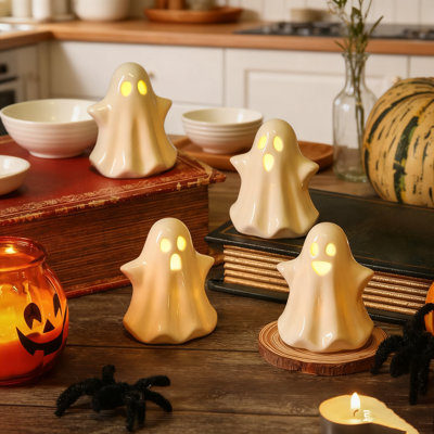 1x 4pcs Ceramic Ghost Light Up Decor (halloween Indoor Figurines) | Cute Small White Led Ghosts|4 Distinct Designs | Ideal For Desk/tabletop/centerpiece/fireplace, Halloween Decor | Ghost Lovers/collectors Gift