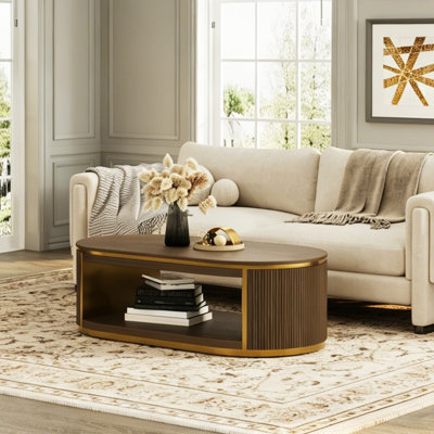 50 Inch Fully Assembled Walnut Solid Wood And Gold Coffee Table With Storage