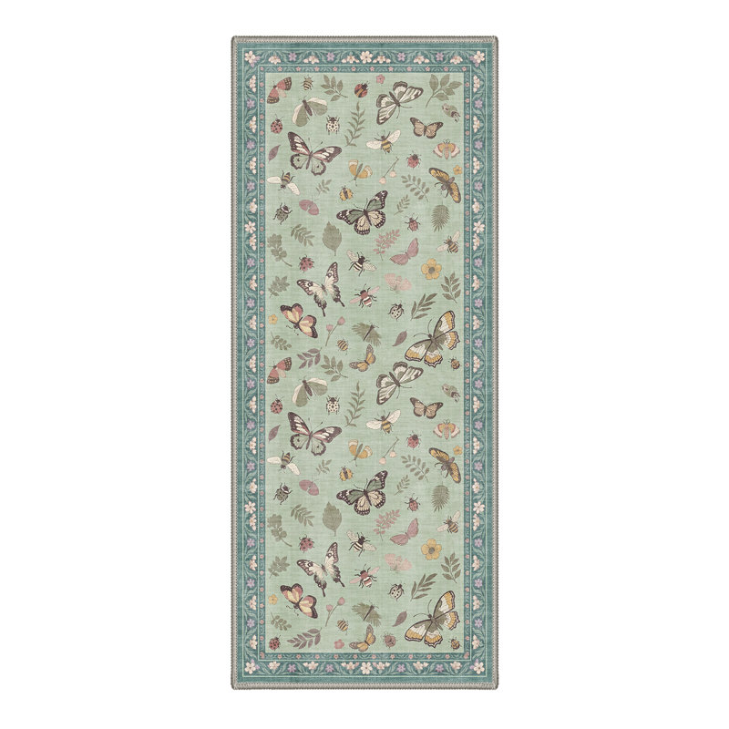 Botania Floral Machine Washable Green Indoor Area Rug with Non-Slip Backing, Runner 2' x 6'