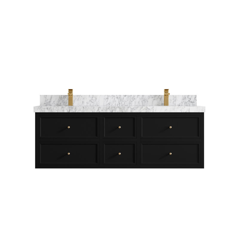 Meuble-lavabo double flottant 60 po avec dessus Roswell, Marbre de Carrare