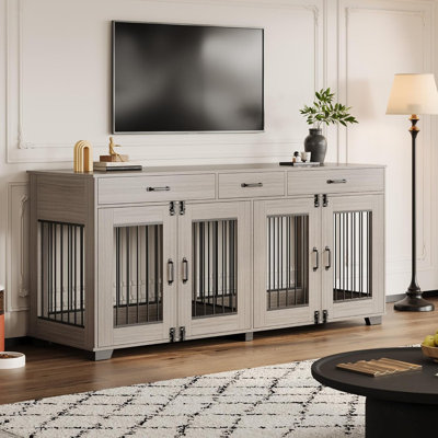 Meuble pour chien 71 po pour 2 pièces, double chenil en bois avec porte et tiroirs, meuble télé pour grands chiens