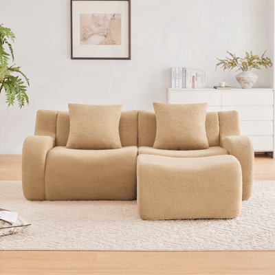 L-Shaped Teddy Fabric 2-Seat Boneless Sofa, No Assembly Required, Curved Armrest, Streamlined Design, Ergonomic Density Sponge for Living Rooms