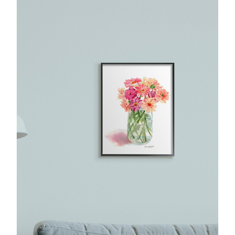 Bouquet d'aquarelles roses en pot en conserve, H 14 po x l 11 po, Giclée encadrée noir minuit