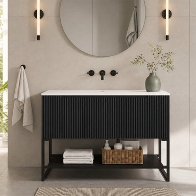 48" Freestanding Bathroom Vanity Base, Carrara White Sintered Stone Top, Fluted Doors, Open Shelf