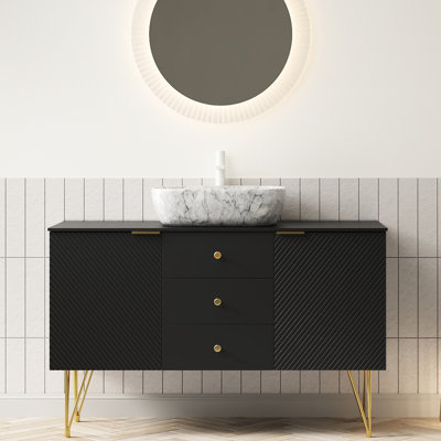 Meuble-lavabo de 48 po autoportant avec lavabo, corps noir et pieds décoratifs dorés, 3 tiroirs, 2 portes, vasque en céramique de marbre blanc, plateau en pierre frittée, pieds décoratifs avec garniture d'armoire de 48 pouces