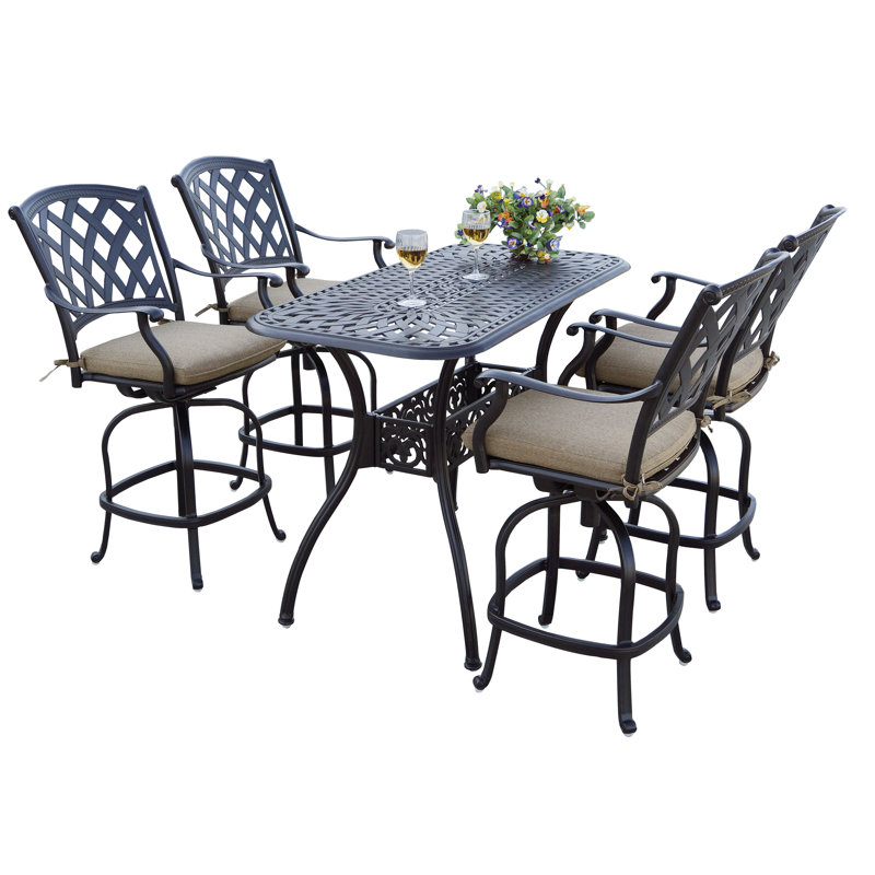 Parke 5-Piece Patio Counter Height Bar Set with Cushions and 26 x 52'' Rectangular Bar Table