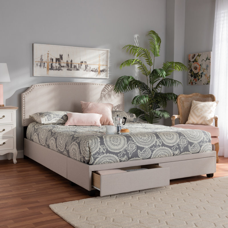 Lit plateforme tapissier avec rangement Evanne Dahle, Très grand, Beige