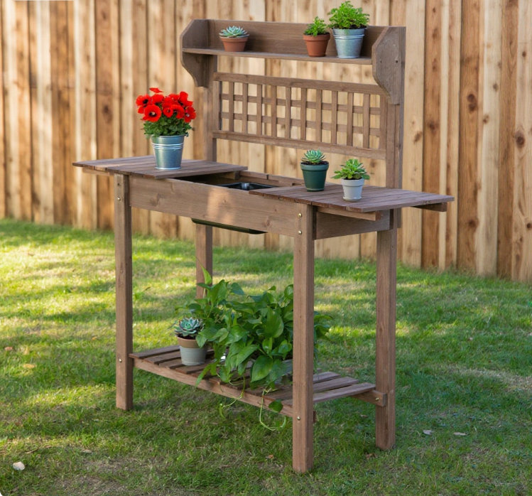 Table de rempotage d'extérieur, poste de travail en bois, tablette de rangement et évier à sec, Gris
