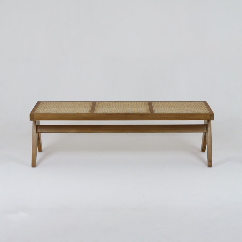 Banc en bois massif et bois de canne Pierre Jeanneret, Teck chaud