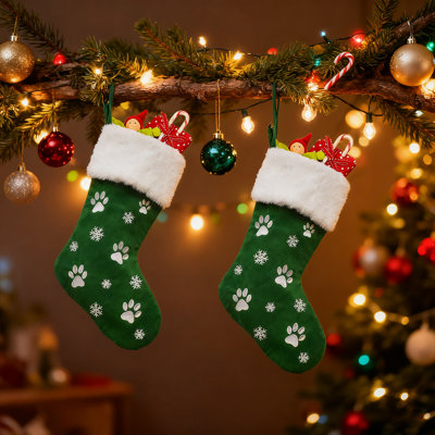 Bas de Noël à motif de patte de chien - ensemble de 4 bas de Noël mignons avec décorations de flocons de neige brodés pour manteau de cheminée, décor de Noël pour les amoureux des chats