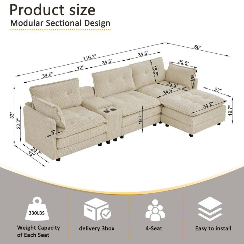 Canapé modulaire surdimensionné de 119 po en L avec repose-pieds et console, Beige
